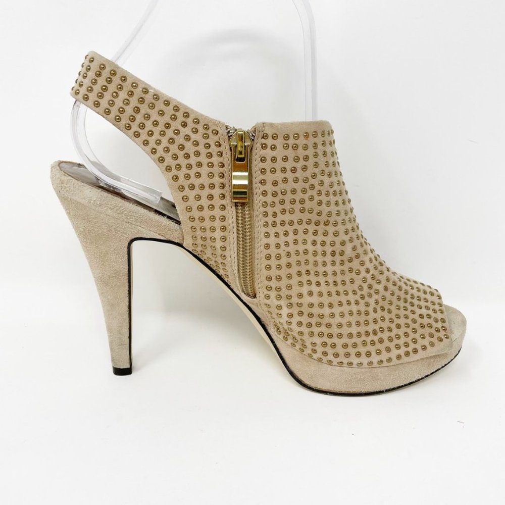 Reba Womens Tan Leather Gold Studded, Side Zip, Peeptoe Heel  Size 8